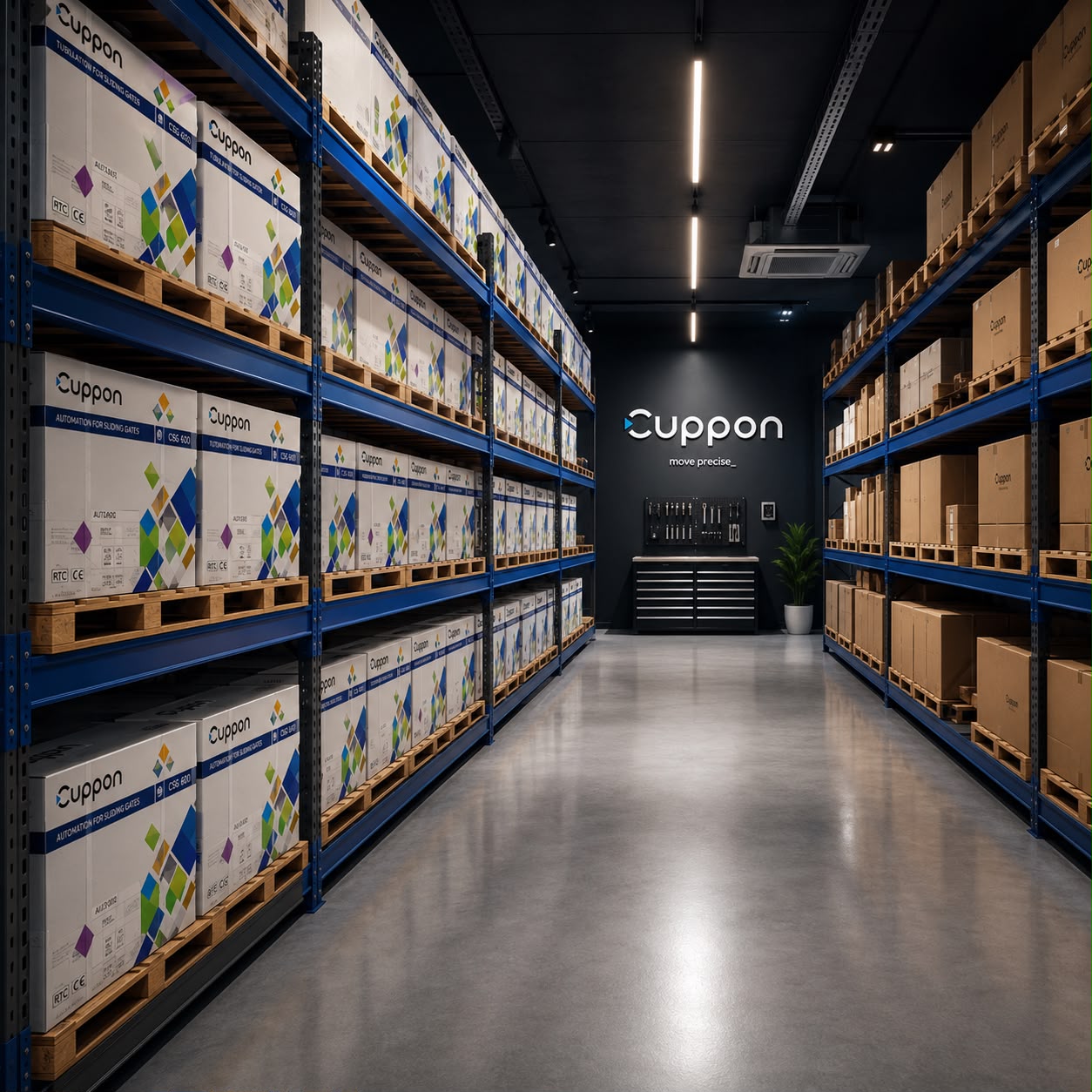 Warehouse with organized automation products